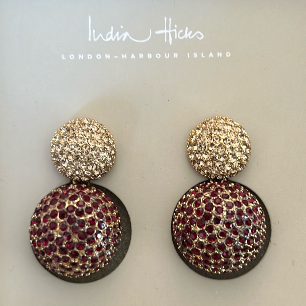 NIBox Premium INDIA HICKS “Moon” Drop earrings Faux RUBY, GOLD & CRYSTAL